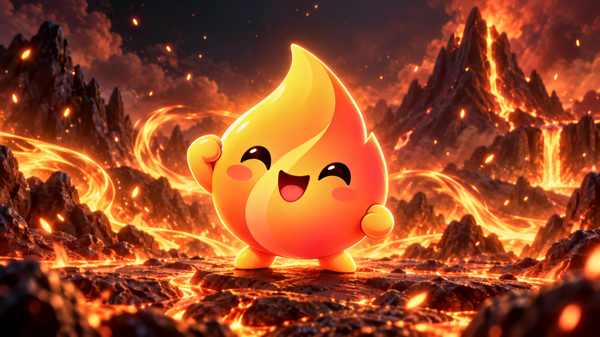 Emby standing in a field of glowing lava